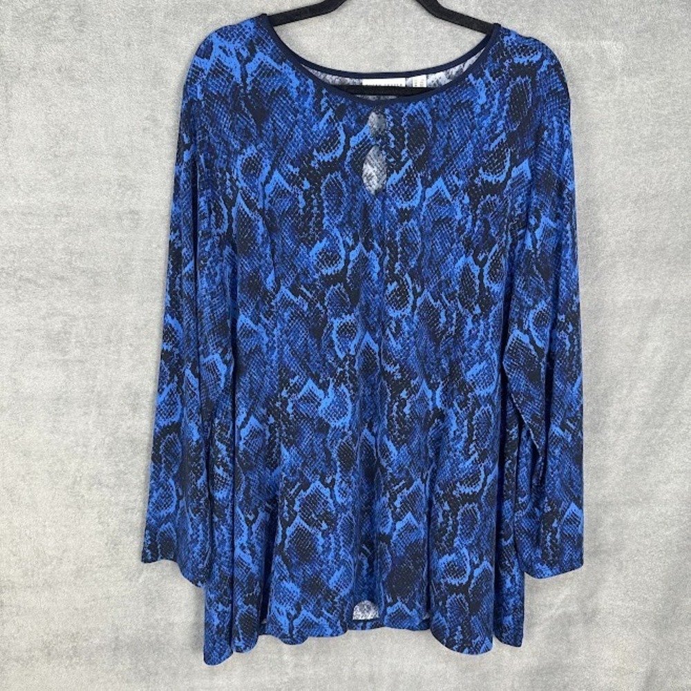 Susan Graver Top Womens 2X Blue Snake Print Long Sleeve Stretch Comfort Key Hole